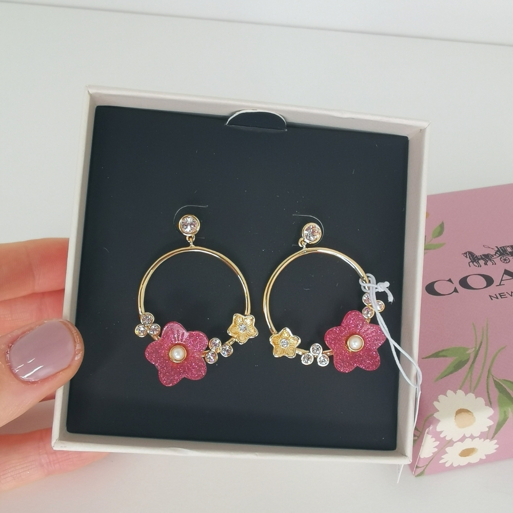 Coach Folk Floral Hoop Earrings w Gift Box